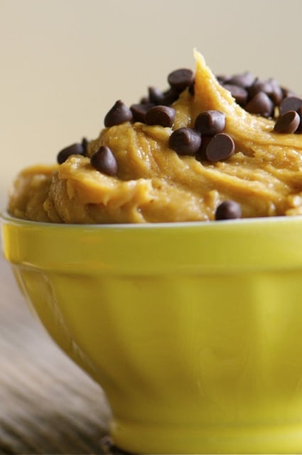 Namely_Marly_Chocolate_Chip_Peanut_Butter_Dip6 Chocolate Chip Peanut Butter dip in a yellow dish.